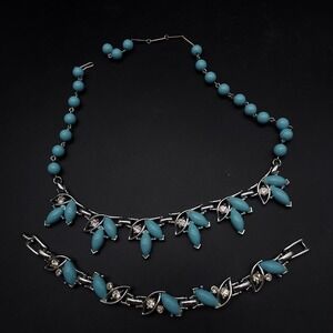 Bogoff Blue Thermoset Plastic Necklace Bracelet Jewelry Set Vintage Costume